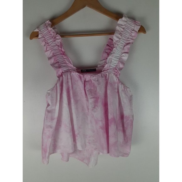 Zara Tops - Zara Womens Pink Tie Dye Crop Top Tank Ruffle Wide Strap 100% Cotton M